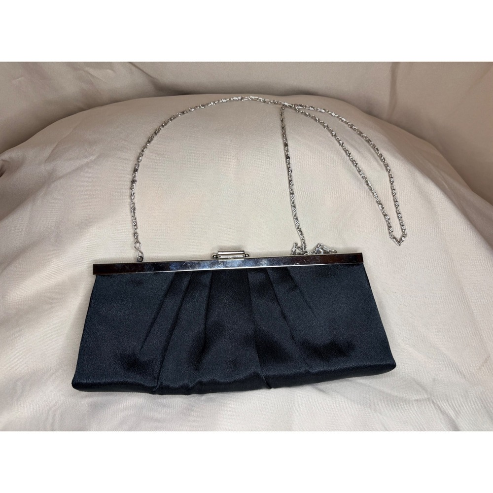 Jessica McClintock Black Pleated Satin Evening Clutch Bag Silver Chain Strap